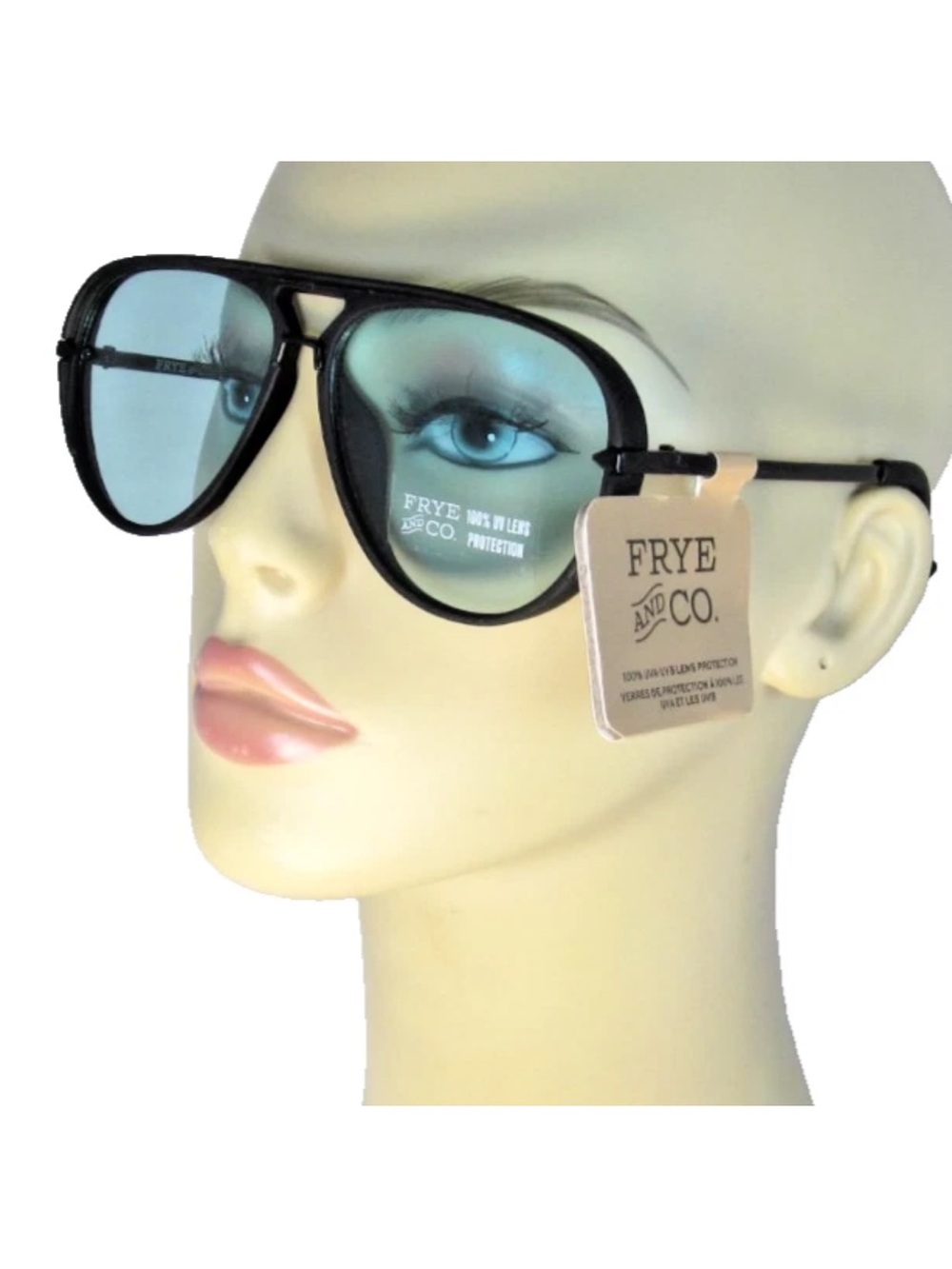 New Frye and Co. Matte Black Aviator Blue sheer lens Sunglasses unisex NWT uv